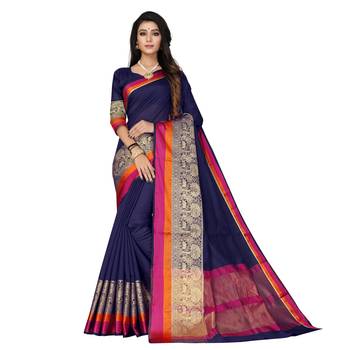 Navy blue woven cotton silk saree with blouse 1