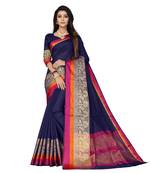 Navy blue woven cotton silk saree with blouse