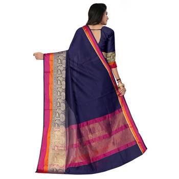 Navy blue woven cotton silk saree with blouse 2
