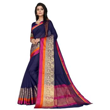 Navy blue woven cotton silk saree with blouse 3