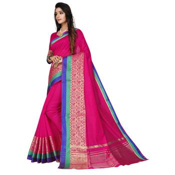 Pink woven cotton silk saree with blouse 3