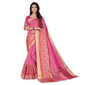 Pink woven cotton silk saree with blouse 1