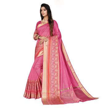 Pink woven cotton silk saree with blouse 3