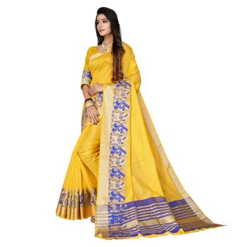 Yellow woven cotton silk saree with blouse 3