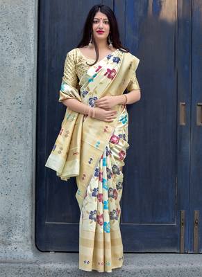 Off white woven silk blend saree with blouse 1