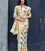Off white woven silk blend saree with blouse