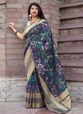 Light navy blue woven silk blend saree with blouse 1