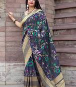Light navy blue woven silk blend saree with blouse