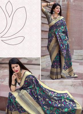 Light navy blue woven silk blend saree with blouse 2