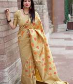 Cream woven silk blend saree with blouse