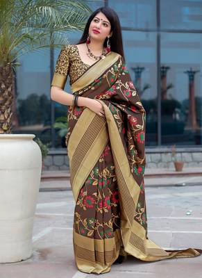 Brown woven silk blend saree with blouse 1
