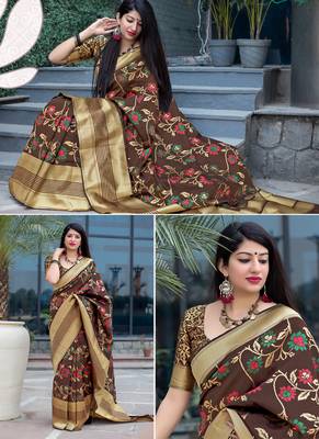 Brown woven silk blend saree with blouse 2