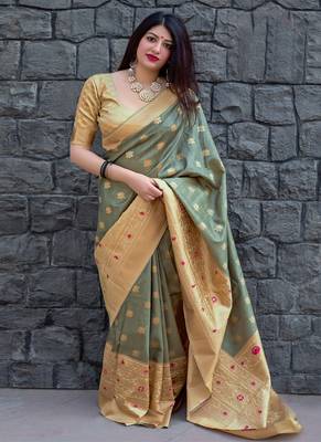 Light olive woven silk blend saree with blouse 1