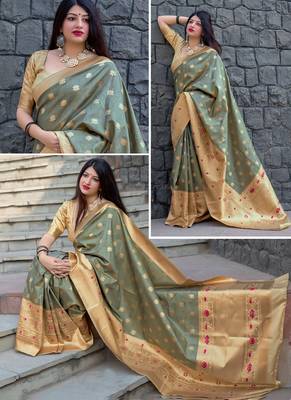 Light olive woven silk blend saree with blouse 2