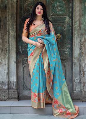 Sky blue woven silk blend saree with blouse 1