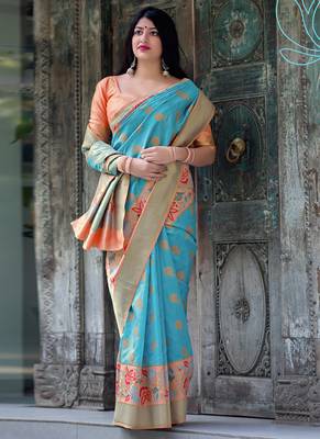 Sky blue woven silk blend saree with blouse 2