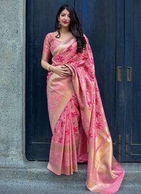 Light pink woven silk blend saree with blouse 1