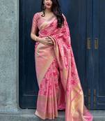 Light pink woven silk blend saree with blouse