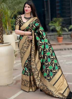 Black woven silk blend saree with blouse 1