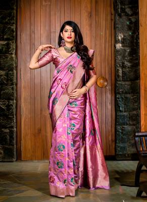 Pink Woven Silk Saree With Blouse 1