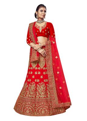 Red Embroidered Velvet Semi Stitched Lehenga 1