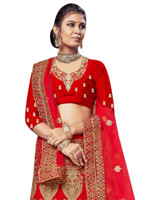 Red Embroidered Velvet Semi Stitched Lehenga 2