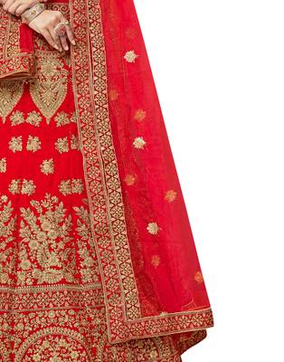 Red Embroidered Velvet Semi Stitched Lehenga 4