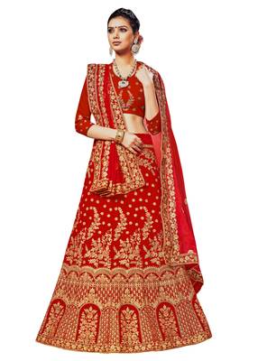 Red Embroidered Velvet Semi Stitched Lehenga 1