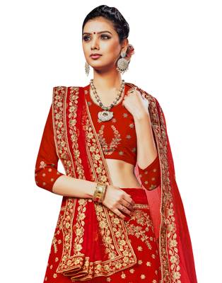 Red Embroidered Velvet Semi Stitched Lehenga 2
