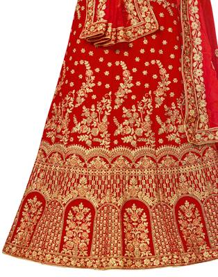 Red Embroidered Velvet Semi Stitched Lehenga 3