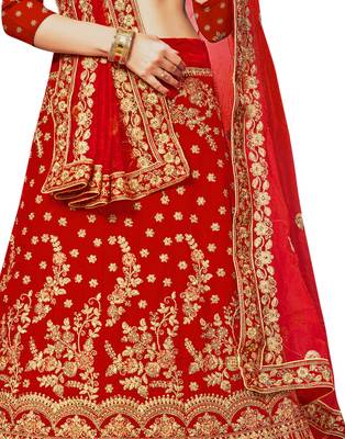 Red Embroidered Velvet Semi Stitched Lehenga 4