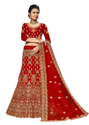 Red Embroidered Velvet Semi Stitched Lehenga 1