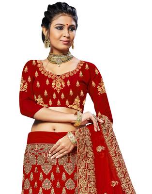Red Embroidered Velvet Semi Stitched Lehenga 2