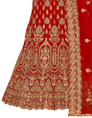 Red Embroidered Velvet Semi Stitched Lehenga 3