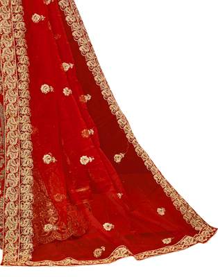 Red Embroidered Velvet Semi Stitched Lehenga 4