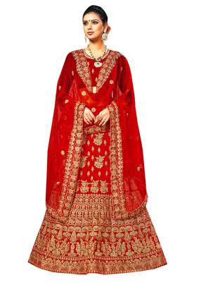 Red Embroidered Velvet Semi Stitched Lehenga 1
