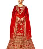 Red Embroidered Velvet Semi Stitched Lehenga