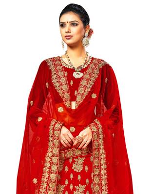 Red Embroidered Velvet Semi Stitched Lehenga 2