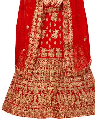 Red Embroidered Velvet Semi Stitched Lehenga 3