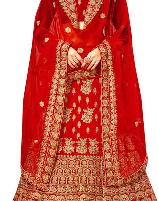 Red Embroidered Velvet Semi Stitched Lehenga 4