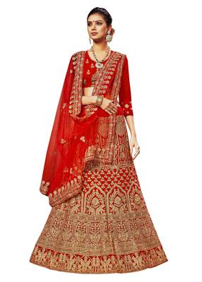 Red Embroidered Velvet Semi Stitched Lehenga 1