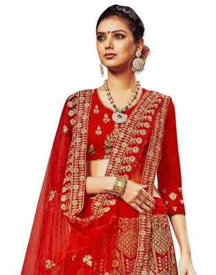 Red Embroidered Velvet Semi Stitched Lehenga 2