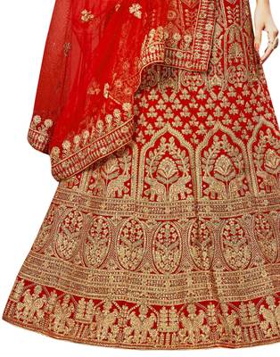 Red Embroidered Velvet Semi Stitched Lehenga 3