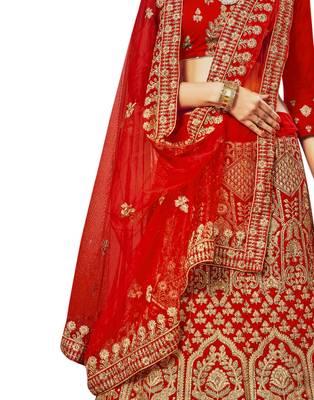 Red Embroidered Velvet Semi Stitched Lehenga 4