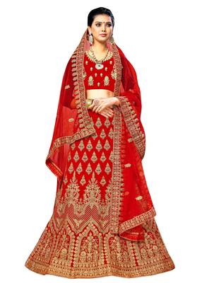 Red Embroidered Velvet Semi Stitched Lehenga 1