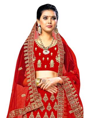 Red Embroidered Velvet Semi Stitched Lehenga 2