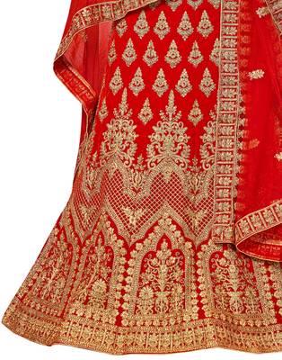 Red Embroidered Velvet Semi Stitched Lehenga 3