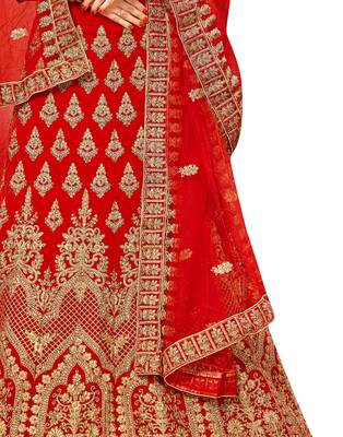 Red Embroidered Velvet Semi Stitched Lehenga 4