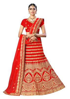 Red Embroidered Velvet Semi Stitched Lehenga 1