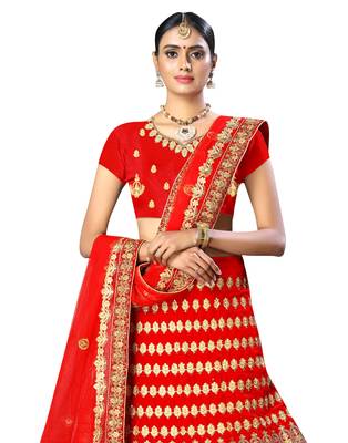 Red Embroidered Velvet Semi Stitched Lehenga 2
